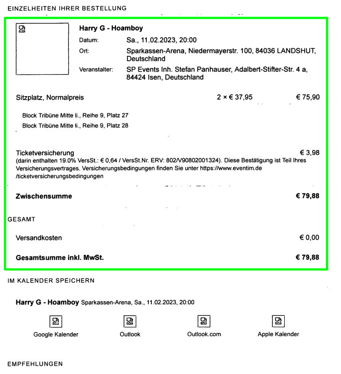 Welche Informationen benötigen wir auf der Bestellbestätigung / Rechnung? ERGO Eventtickets